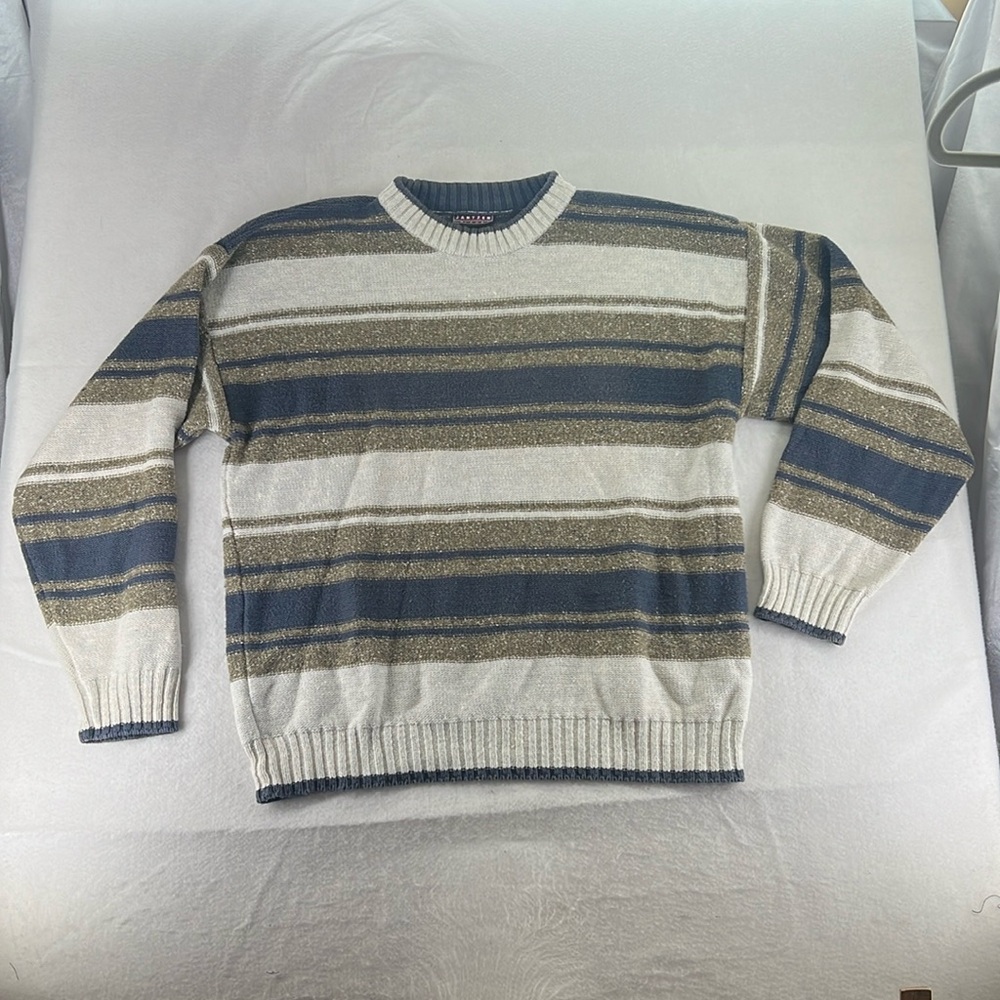 VTG Jantzen Sport Long Sleeve Pullover Heavy Sweater Striped Cream Tan Mens XXL